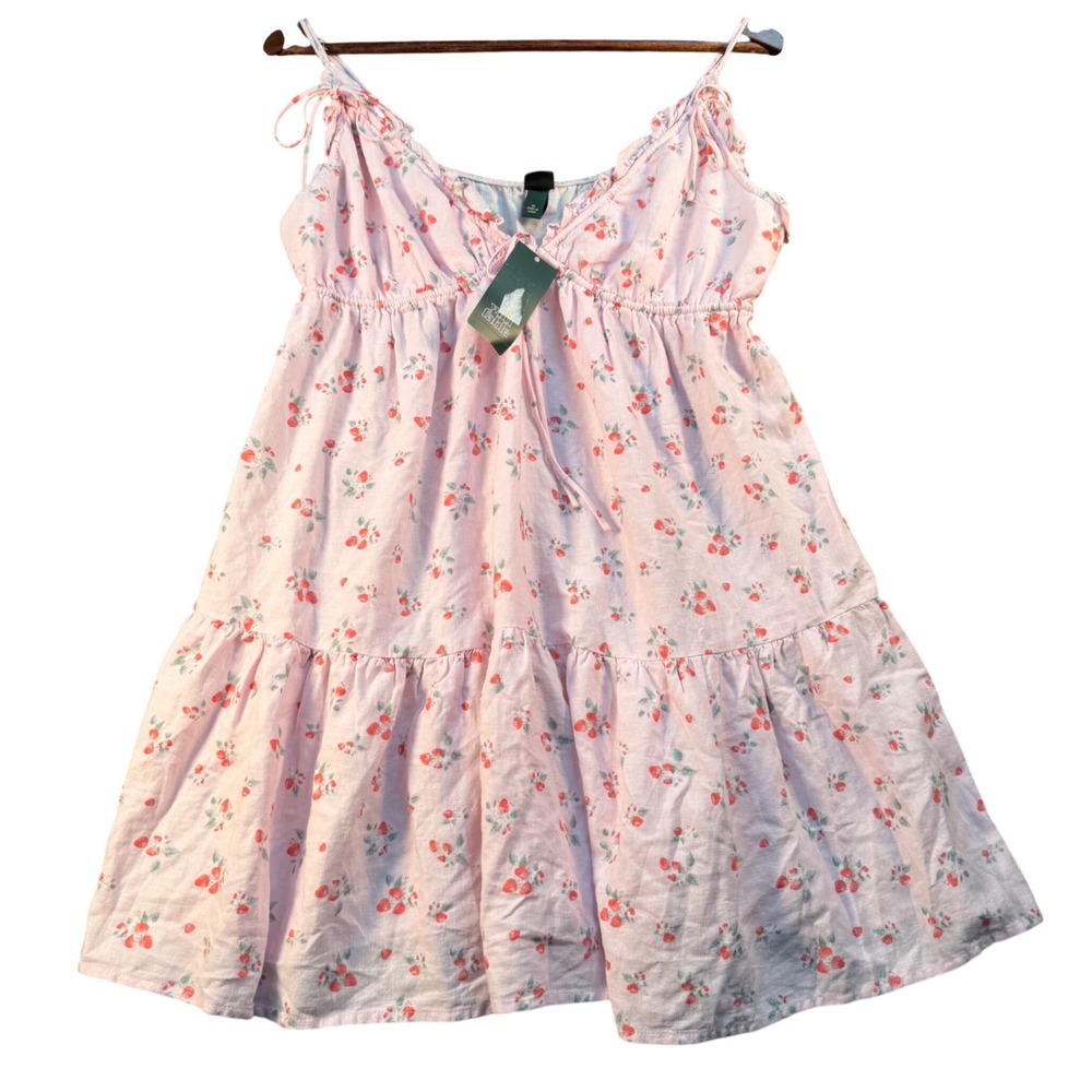 Wild Fable Pink Strawberry Print Linen Blend Tiered Mini Dress Medium WFD8548BJ